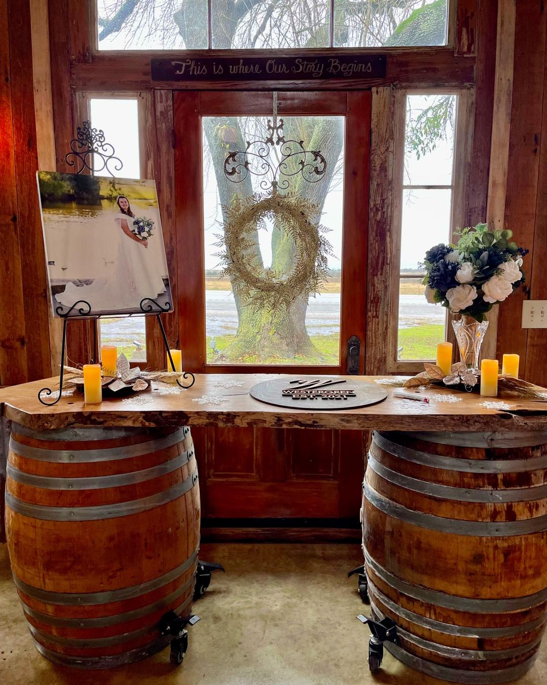 guest sign in table made on barrels